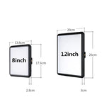 Two slim LED video panel lights on tall black tripod stands, one showing its back, beside three color temperature swatches
