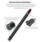 Two black carbon fiber selfie sticks, one long and one short, beside a folding bullet time handle