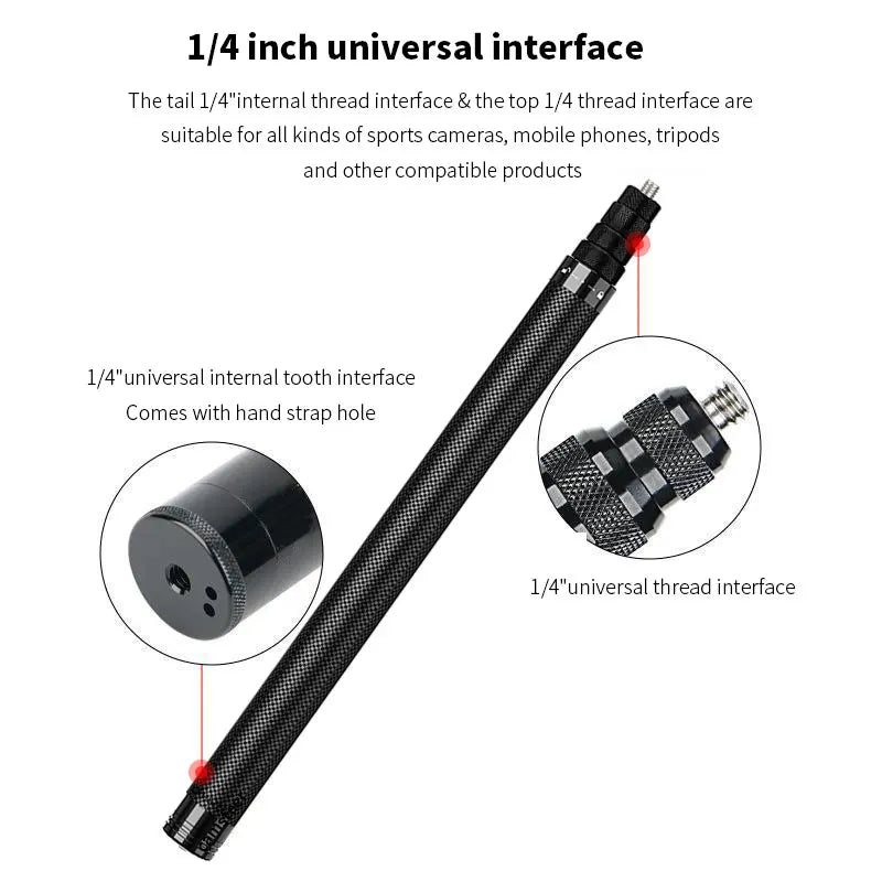 Two black carbon fiber selfie sticks, one long and one short, beside a folding bullet time handle