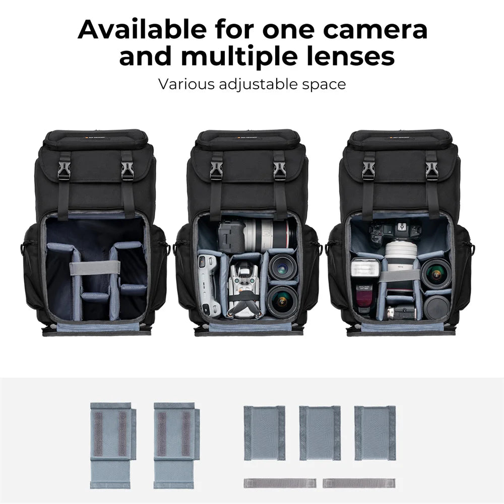 Black K&F Concept camera backpack with a buckled flap top, plus smaller views open to show the camera section