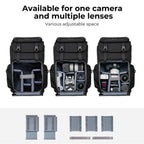 Black K&F Concept camera backpack with a buckled flap top, plus smaller views open to show the camera section