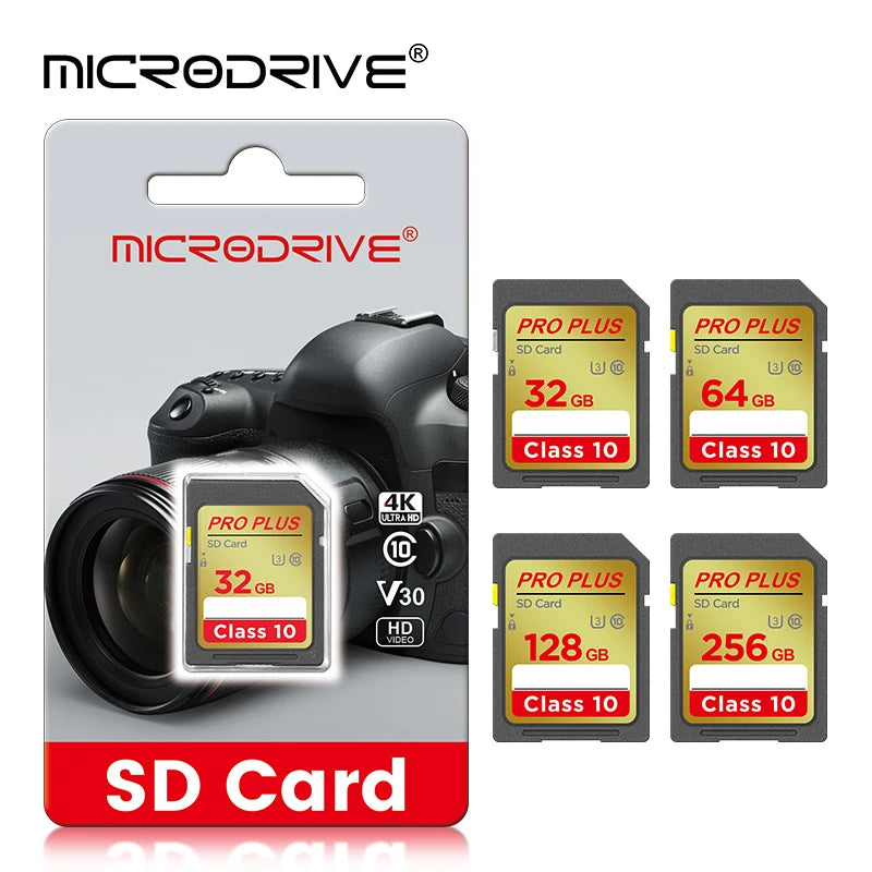 Four gold Microdrive Pro Plus SD cards marked 32, 64, 128 and 256GB with Class 10 and U3 symbols