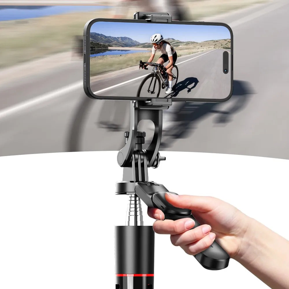 Black selfie stick tripod holding a phone between two small lights, shown extended on its legs, folded, and turned by hand