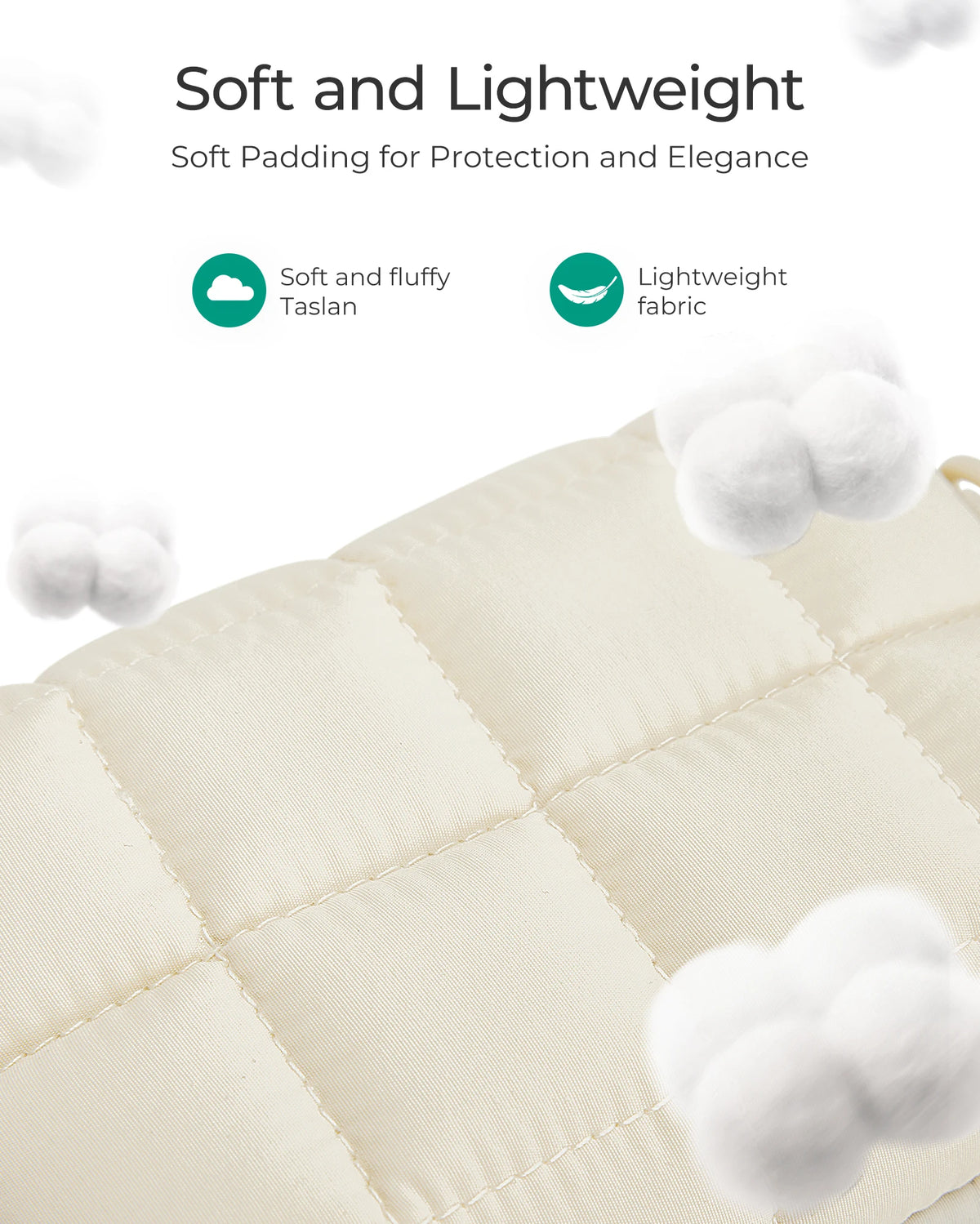 Cream quilted Bagsmart camera bag shown closed, worn crossbody, as a wristlet, and open with memory card slots
