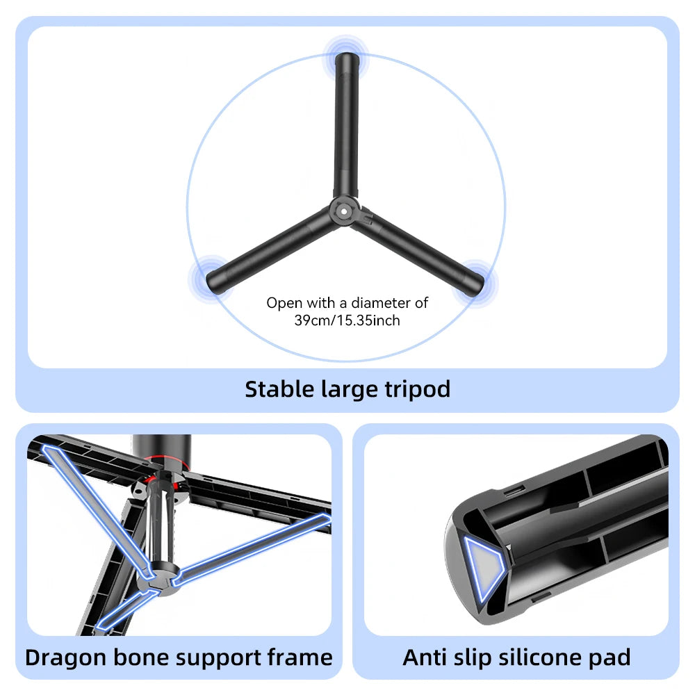 Black folded selfie stick with a red ring and a fold-out phone clamp, standing beside its black and orange F16 box