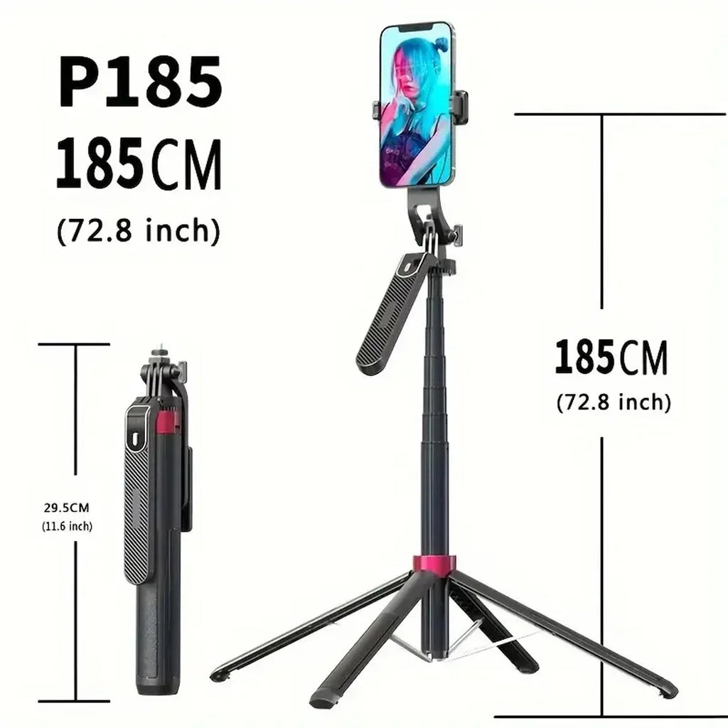 Black selfie stick tripod with a phone clamp shown fully extended beside a standing man, folded, and set up as a short tripod