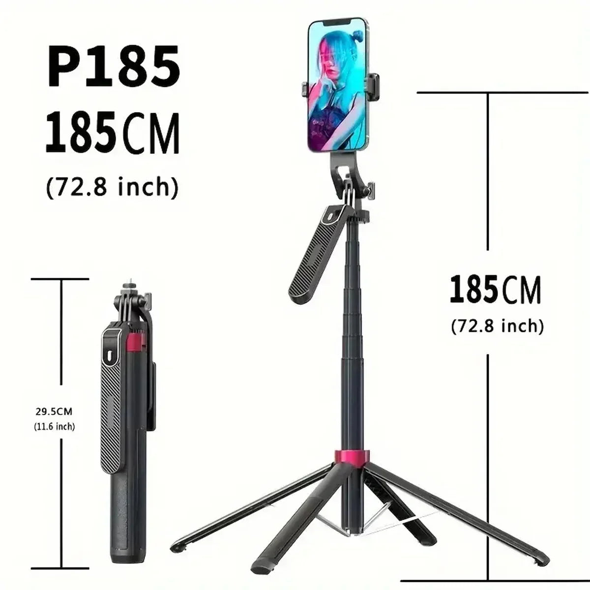 Black selfie stick tripod with a phone clamp shown fully extended beside a standing man, folded, and set up as a short tripod