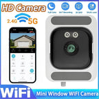 Square white window camera with a black lens panel, beside a phone app showing a house and a garage door