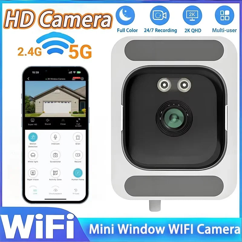 Square white window camera with a black lens panel, beside a phone app showing a house and a garage door