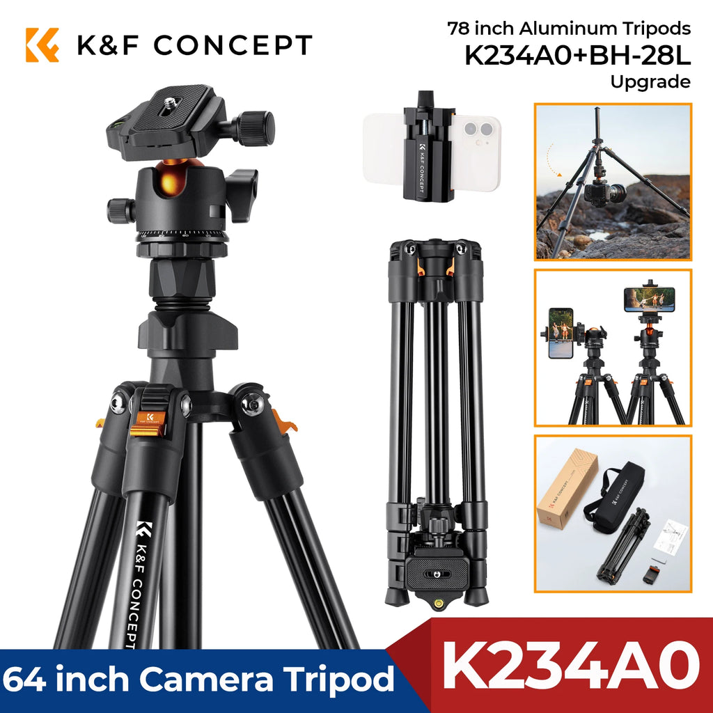Black K&F Concept tripod with an orange ball head, shown with a phone clip, folded legs, outdoor use and its box and bag