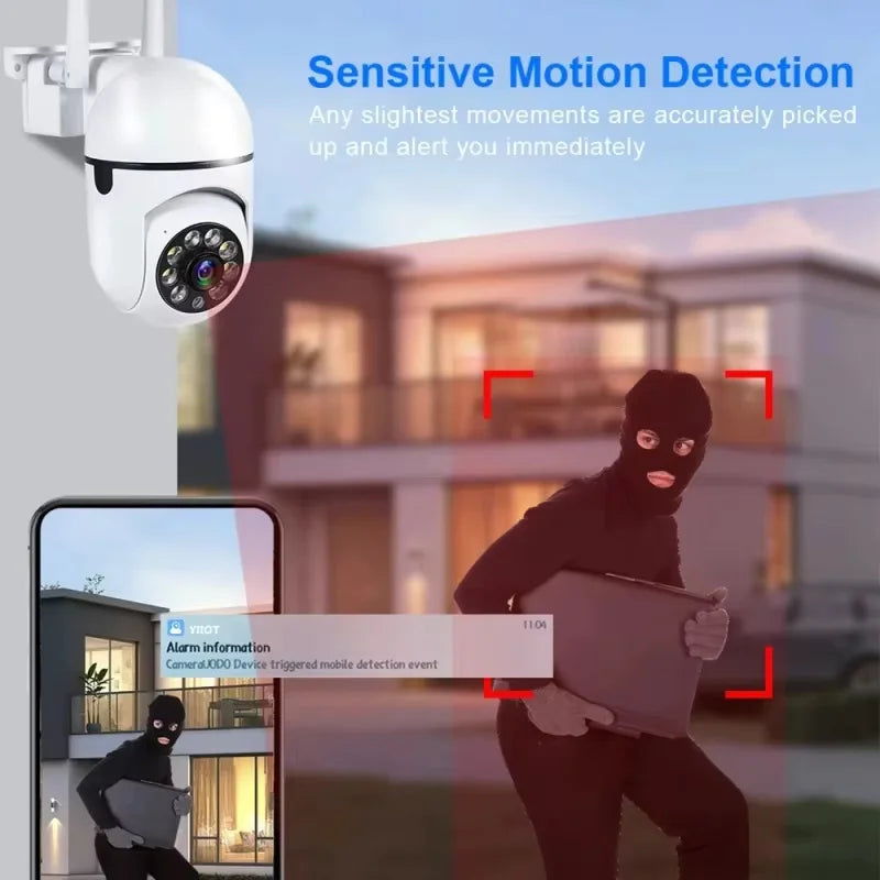 White dome security camera with two antennas and a ring of lights, marked with 355 and 90 degree rotation arrows