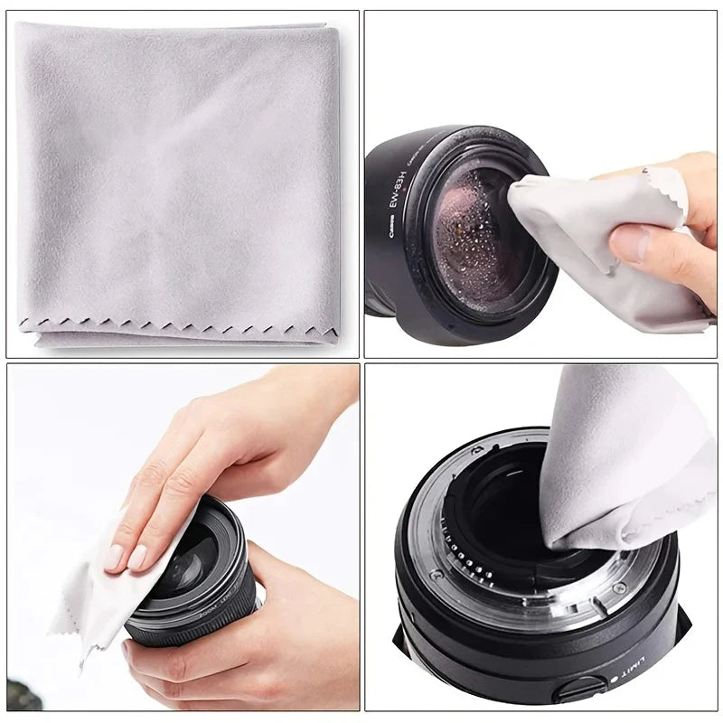 Camera cleaning kit on a shelf: black air blower, lens pen, soft brush, empty spray bottle, cloth and gray drawstring pouch