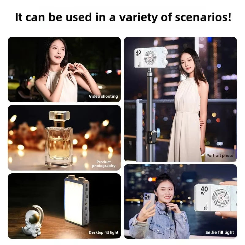 Two pocket-sized LED panel lights with control dials, one champagne and one grey, glowing warm white on a dark surface