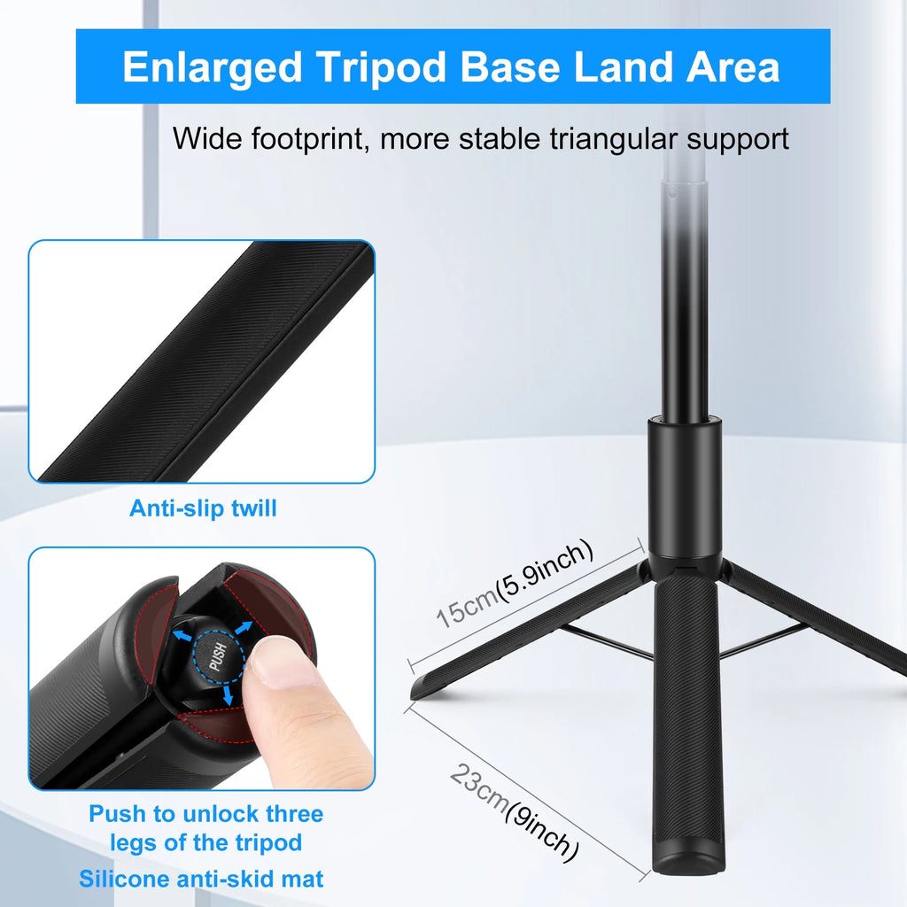 Black Puluz selfie stick on small tripod legs with a 360 camera on top, and a close-up of its knurled screw connector