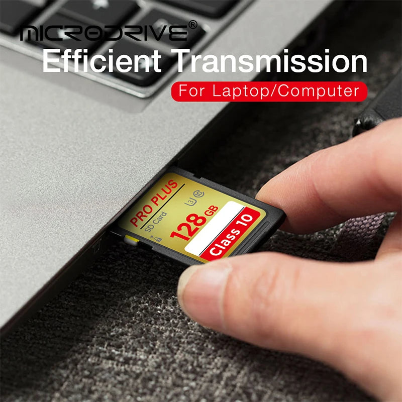 Four gold Microdrive Pro Plus SD cards marked 32, 64, 128 and 256GB with Class 10 and U3 symbols