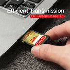 Four gold Microdrive Pro Plus SD cards marked 32, 64, 128 and 256GB with Class 10 and U3 symbols