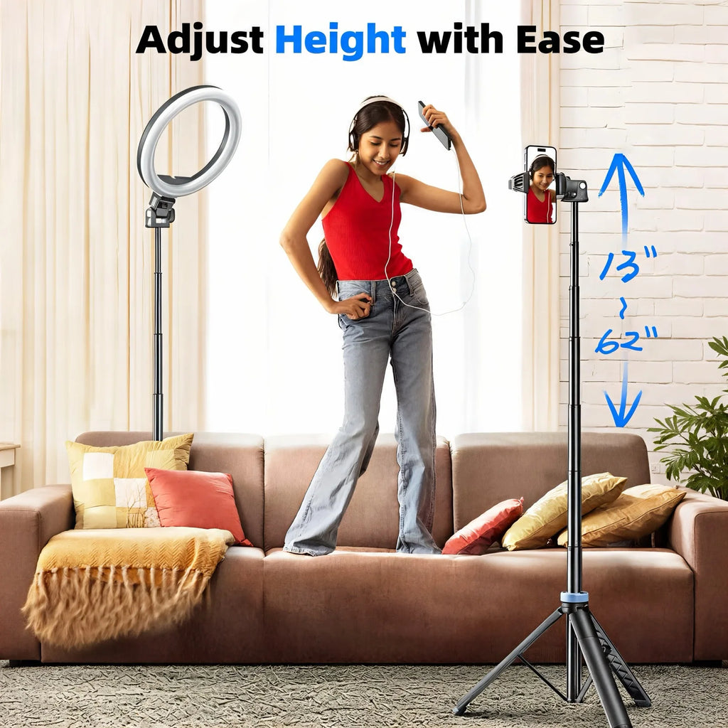 Black selfie stick tripod with a blue ring holding a phone, shown as a stand and as a handheld stick, with a small remote