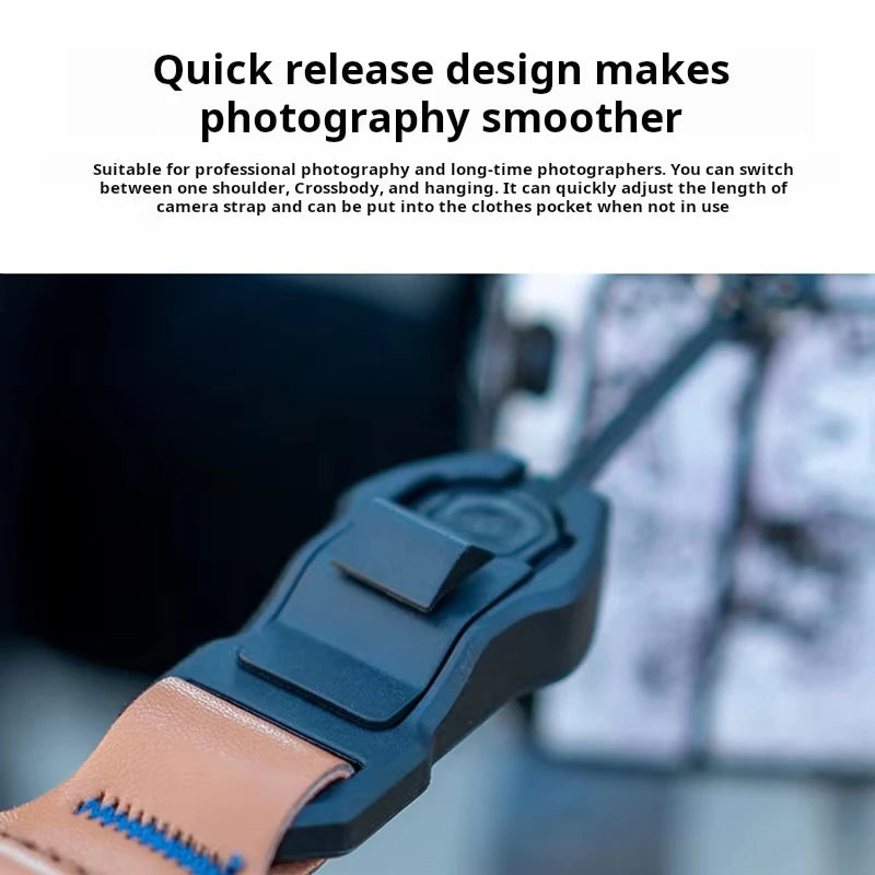 Camera shoulder straps in grey, blue, green and black with quick release clips, beside four round anchor connectors