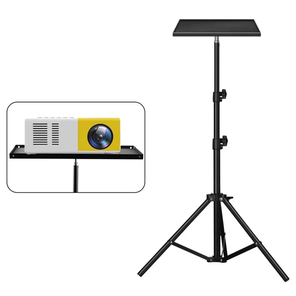Black tripod stand with a rectangular tray on a telescoping pole, with close-ups of the tray mount and the leg joint