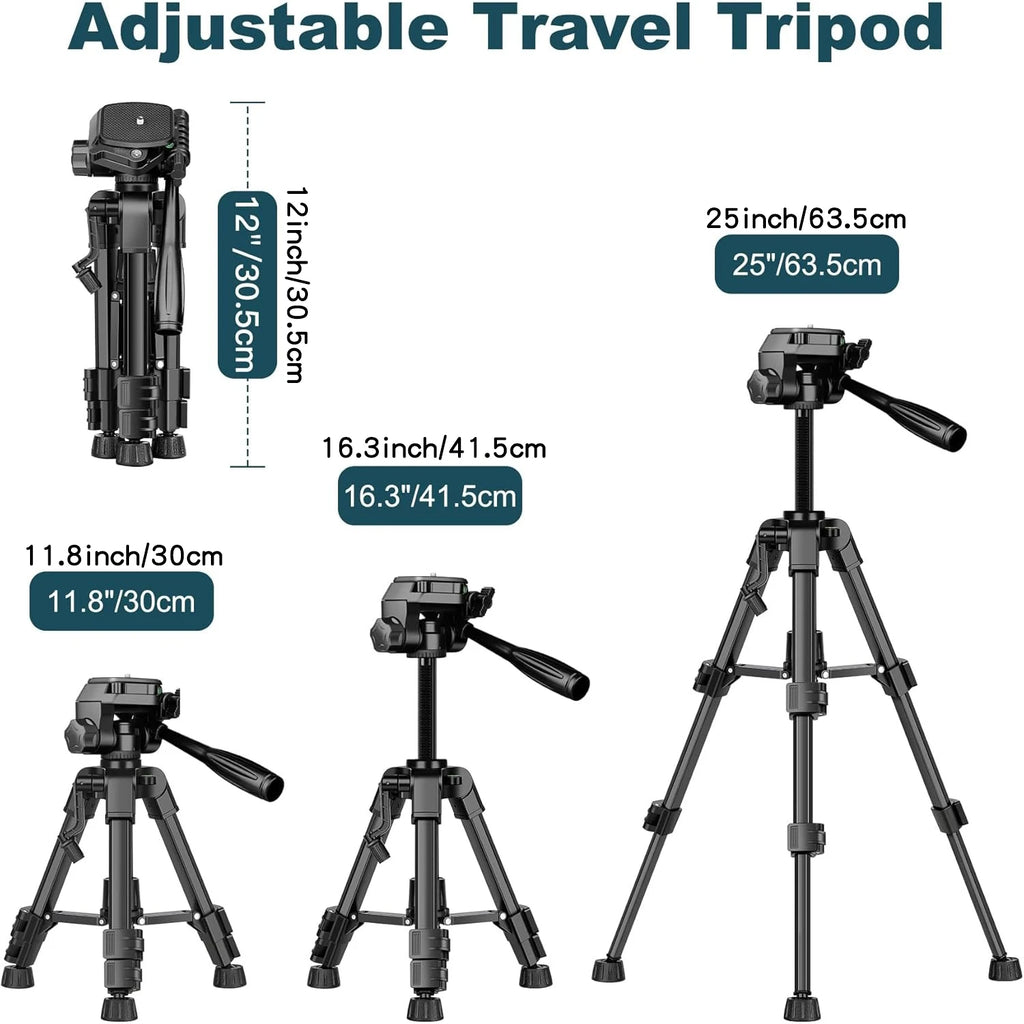 Black mini tripod with a pan head and handle, shown with a phone clip, a spare plate, a carry bag and a folded view