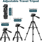 Black mini tripod with a pan head and handle, shown with a phone clip, a spare plate, a carry bag and a folded view