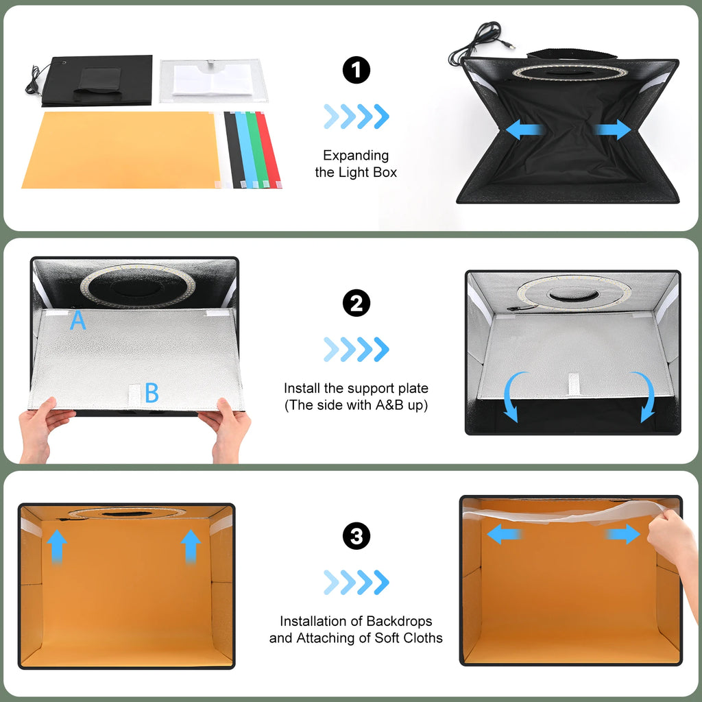 Black Lightdow cube light box with a ring of LEDs inside, six rolled color backdrops and the box folded flat with a handle