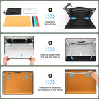 Black Lightdow cube light box with a ring of LEDs inside, six rolled color backdrops and the box folded flat with a handle