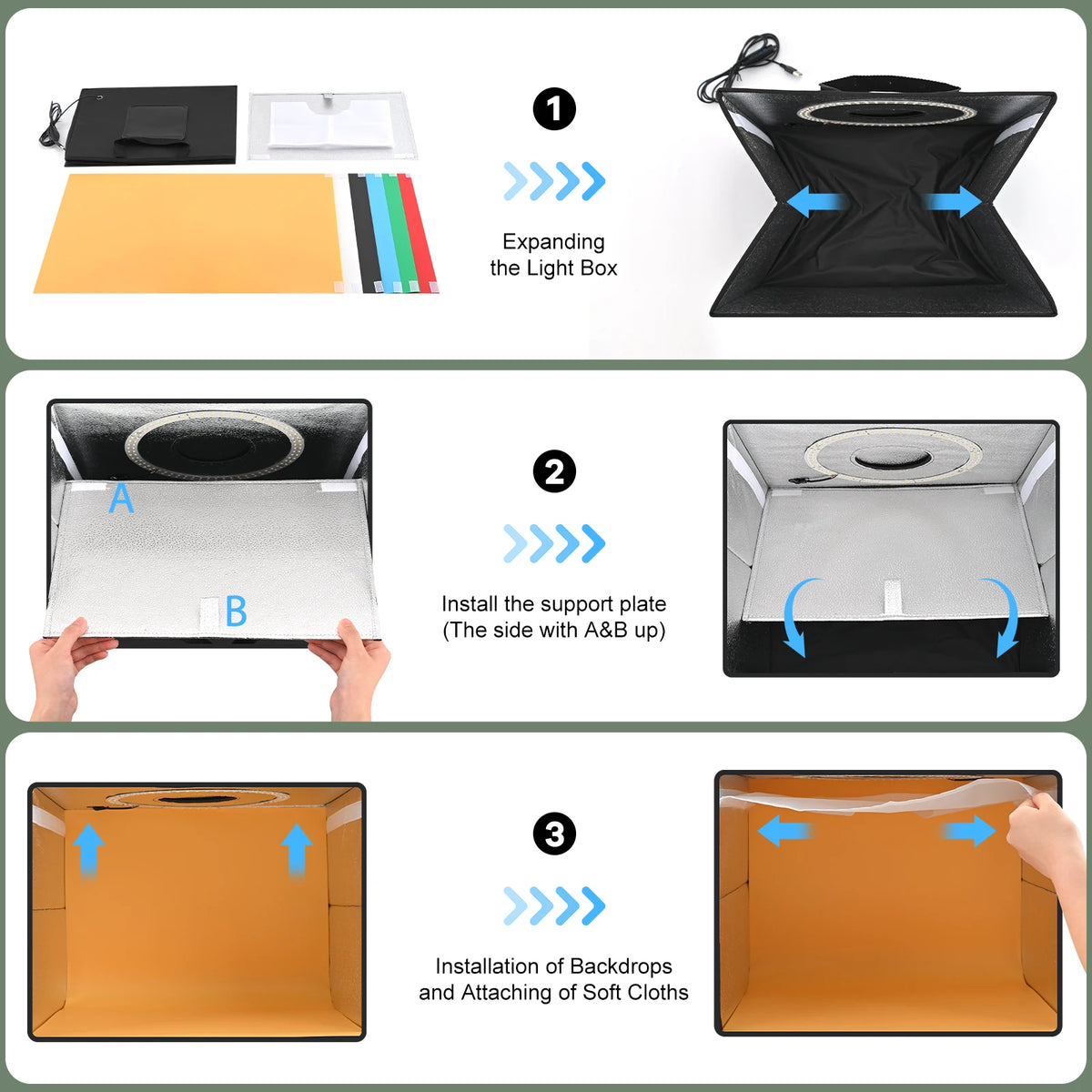 Black Lightdow cube light box with a ring of LEDs inside, six rolled color backdrops and the box folded flat with a handle