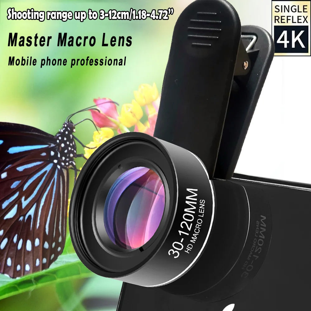 Black clip-on macro phone lens with a spring clip behind it, shown against a photo of a blue butterfly on flowers
