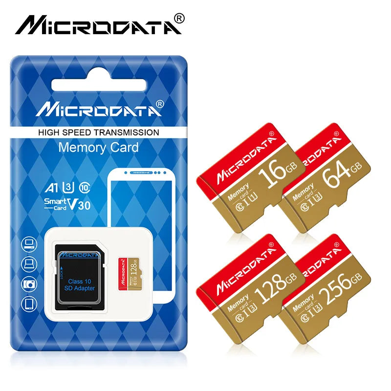 Red and gold Microdata microSD cards in several capacities with a blue retail pack and a black SD adapter