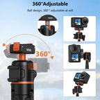 Black and orange Vrig stand holding an action camera on a magnetic mount, as a tripod and as a handheld grip with a light