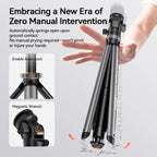 Dark gray Coman tripod with a small tilting head, standing and folded, with close-ups of the locking knobs and spring legs