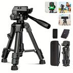 Black mini tripod with a pan head and handle, shown with a phone clip, a spare plate, a carry bag and a folded view