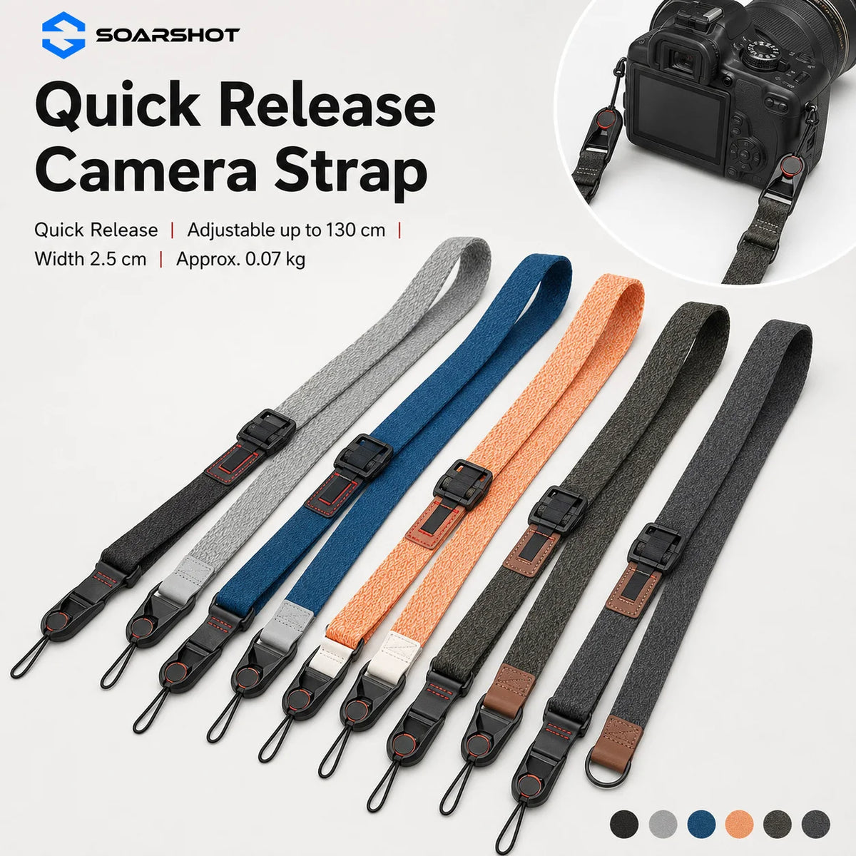 Six fabric camera straps in black, grey, blue and orange with quick release clips, one attached to a black DSLR