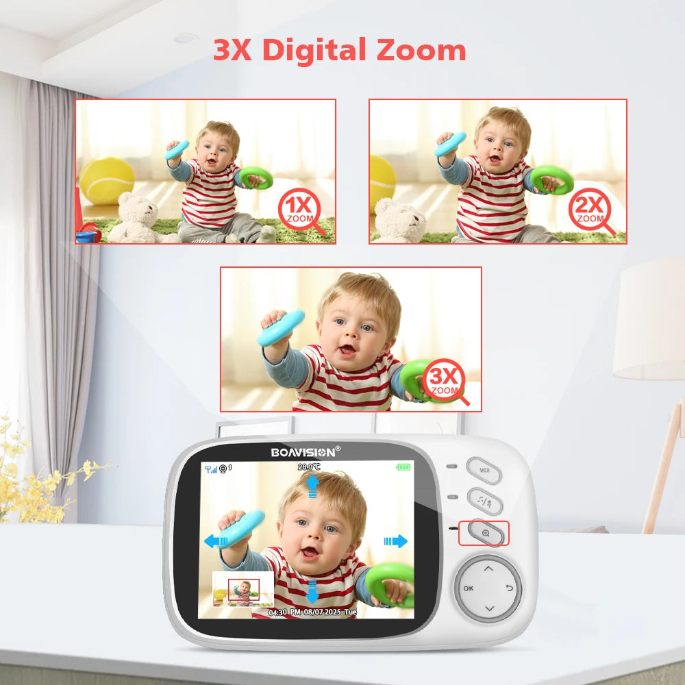 White baby monitor camera on a stand next to a Boavision parent unit whose screen shows two sleeping babies