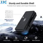 Open black JJC hard case with memory cards held in the lid and three camera batteries in moulded wells below
