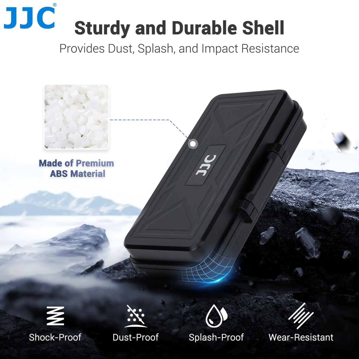 Open black JJC hard case with memory cards held in the lid and three camera batteries in moulded wells below