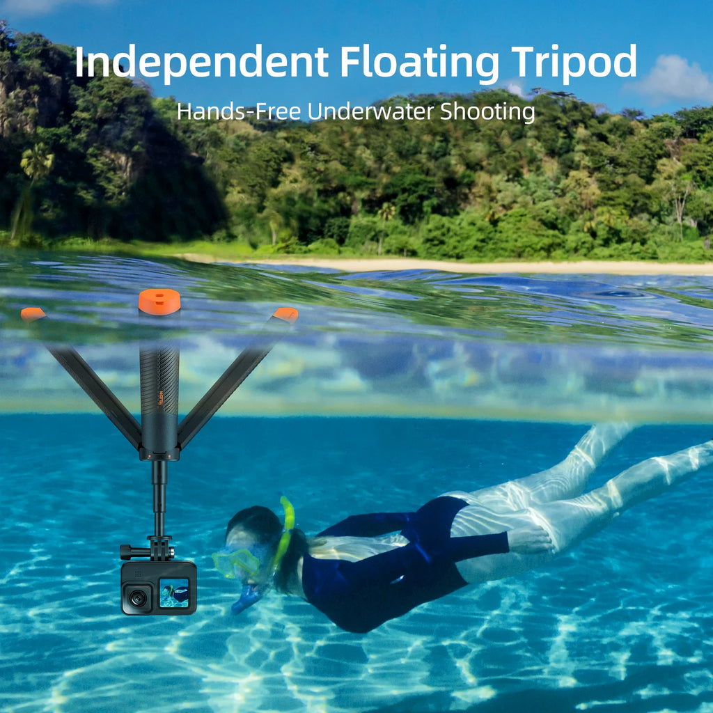 Black and orange floating grip with its tripod legs spread, holding an action camera underwater on an extended pole