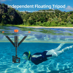 Black and orange floating grip with its tripod legs spread, holding an action camera underwater on an extended pole