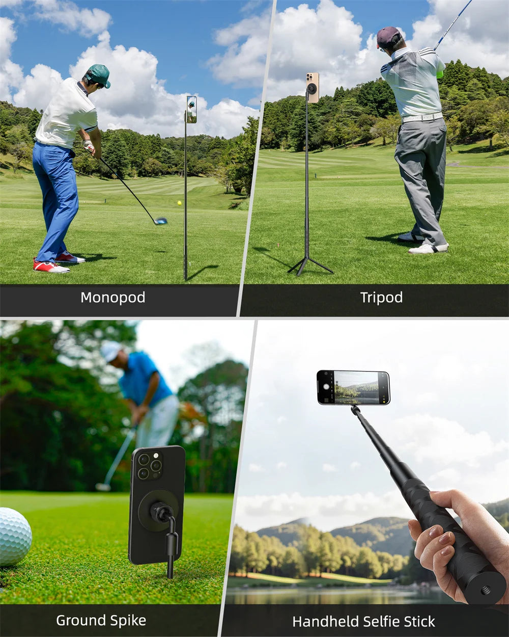 Golfer mid-swing beside a black stand holding a phone on a magnetic mount, with a ground spike, mini tripod legs and parts