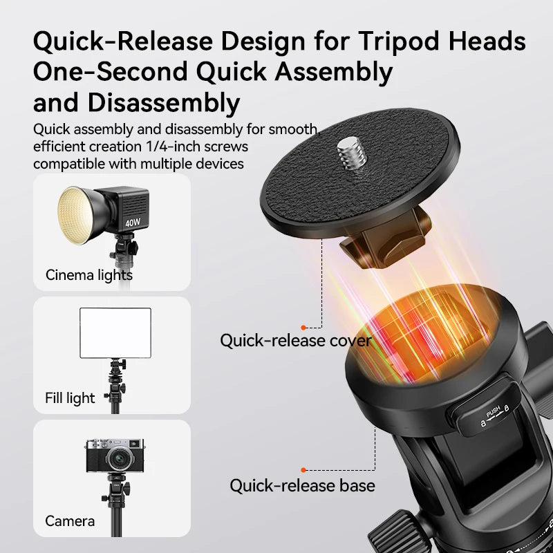 Dark gray Coman tripod with a small tilting head, standing and folded, with close-ups of the locking knobs and spring legs