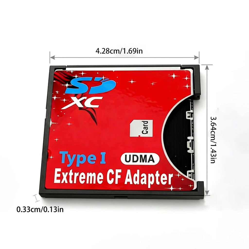 Red CompactFlash-size adapter with an SD card opening, labelled Type I UDMA Extreme CF Adapter, on dark stone