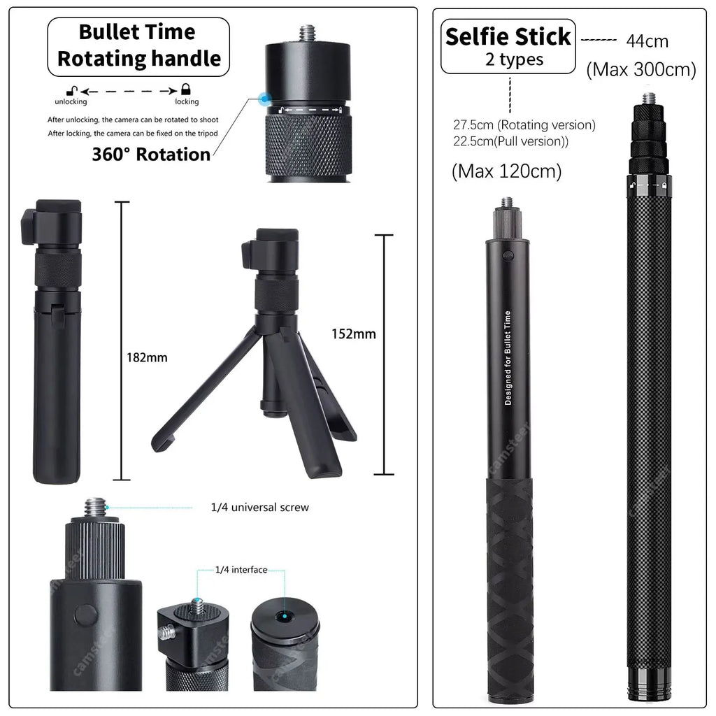 Two black carbon fiber selfie sticks, one long and one short, beside a folding bullet time handle