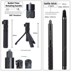 Two black carbon fiber selfie sticks, one long and one short, beside a folding bullet time handle