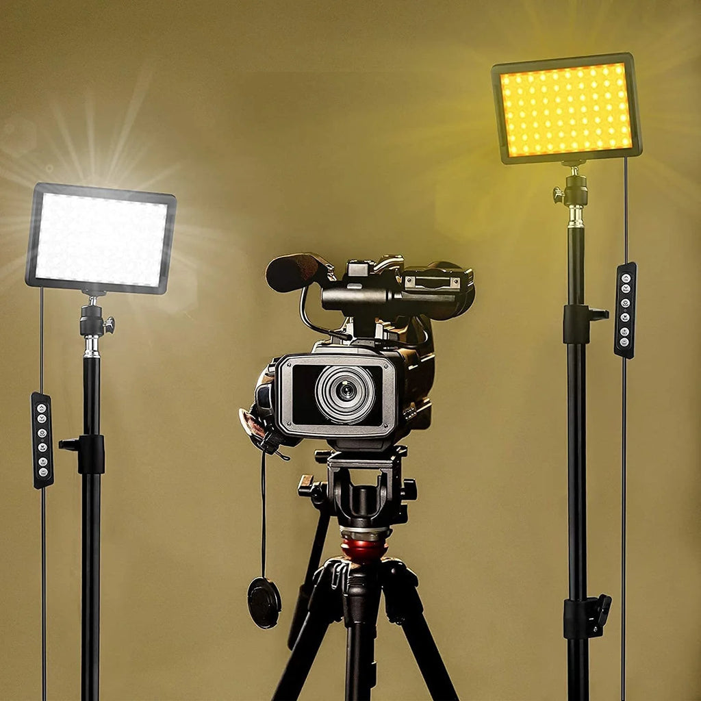 Two LED panel lights on black tripod stands with USB cables, beside panels glowing red, orange, purple, green and blue