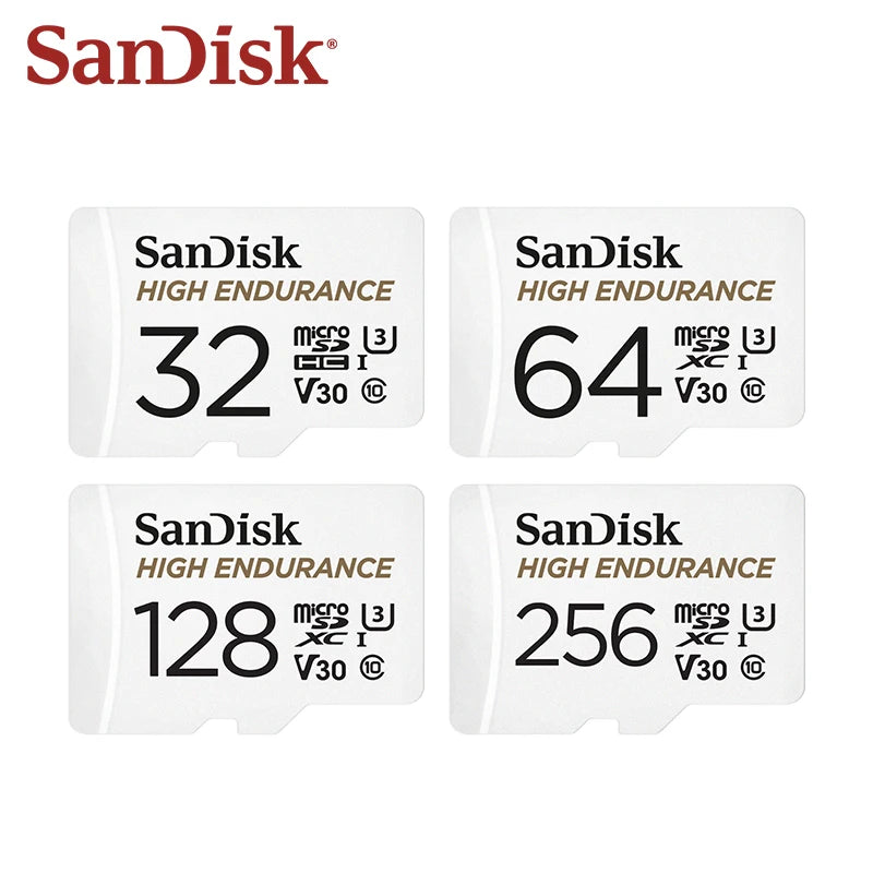 Four white SanDisk High Endurance microSD cards marked 32, 64, 128 and 256 GB