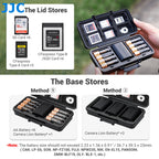 Open black JJC hard case with memory cards held in the lid and three camera batteries in moulded wells below