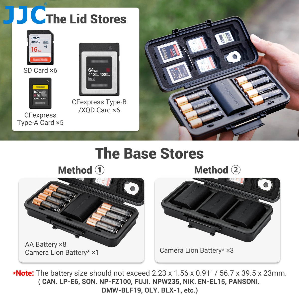 Open black JJC hard case with memory cards held in the lid and three camera batteries in moulded wells below