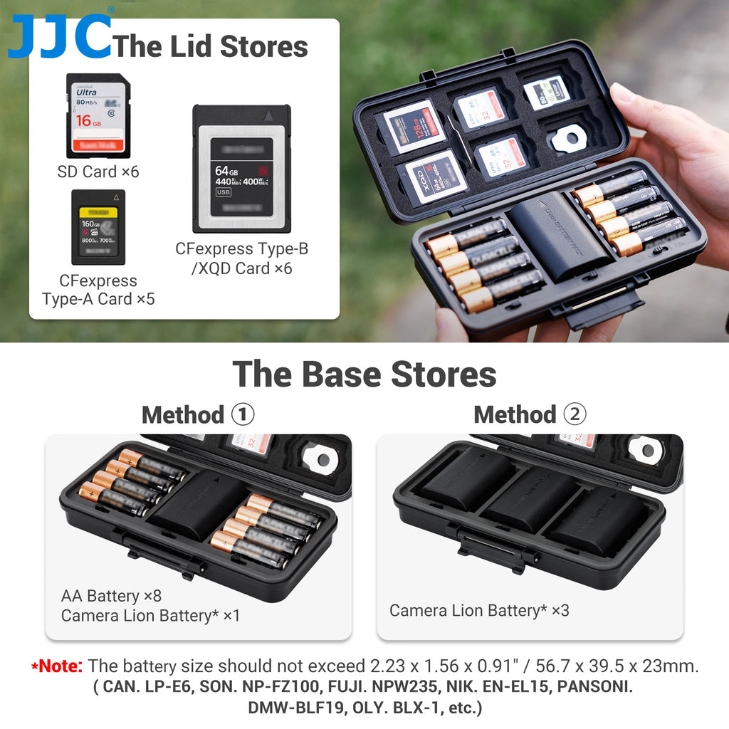 Black JJC hard case open with three camera batteries in the base and CFexpress, XQD and SD cards held in the lid