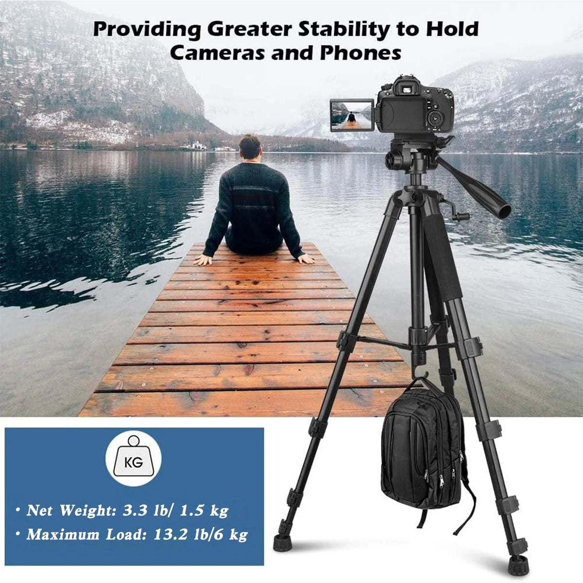 Black tripod with padded legs, a pan head and handle, shown with a phone holder, a DSLR, a spare plate and a folded view